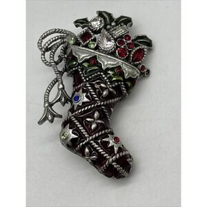 Vintage Christmas Brooch Pin Santa Boot Stocking Gifts Enamel Rhinestone Read